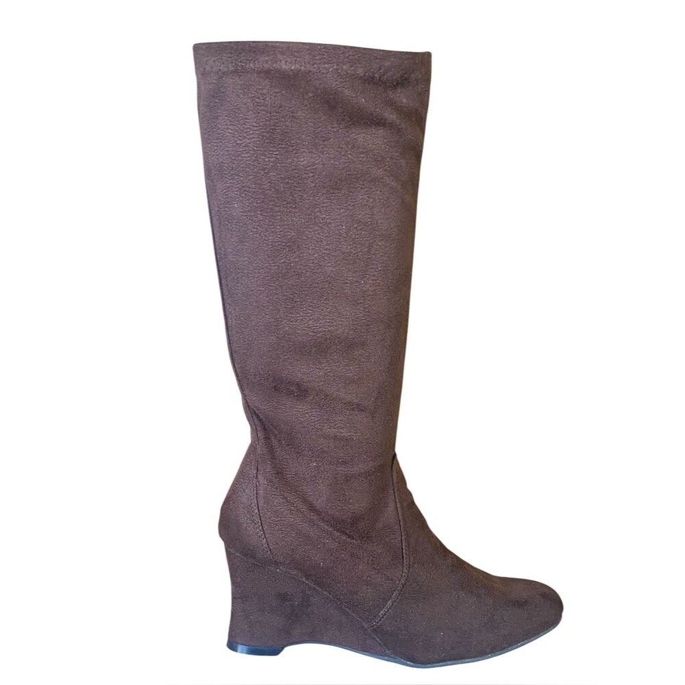 George Mid Calf Boots Brown Faux Suede Wedg Heel Side Zip Style Jasmine SZ 7.5